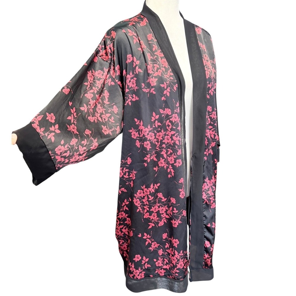 Victoria's Secret Kimono Robe Women OS Black Pink Floral Very Sexy Satin Lounge